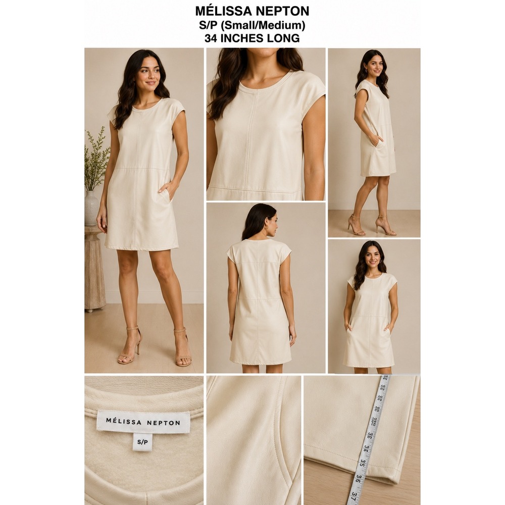 Melissa Nepton Hanevas Cream Faux Leather Shift Dress Pockets S/P Small Medium